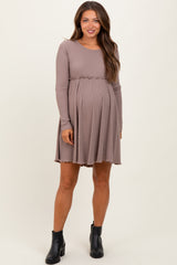 Mocha Solid Ribbed Long Sleeve Crewneck Shirring Maternity Mini Dress