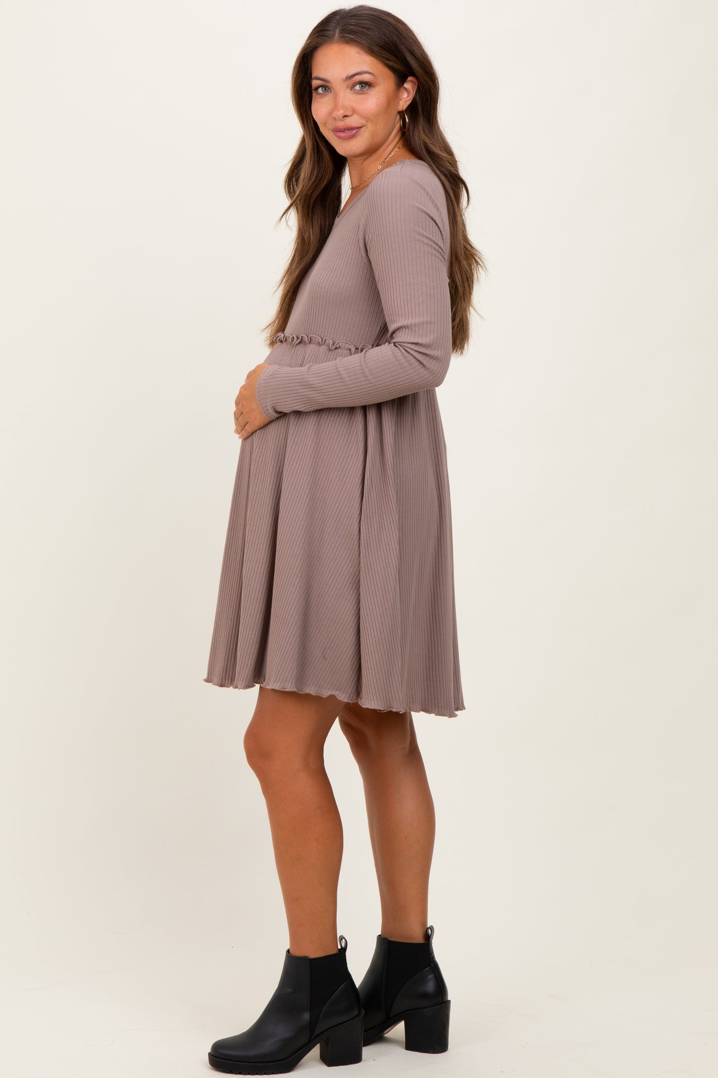 Mocha Solid Ribbed Long Sleeve Crewneck Shirring Maternity Mini Dress