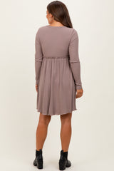 Mocha Solid Ribbed Long Sleeve Crewneck Shirring Maternity Mini Dress