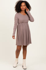 Mocha Solid Ribbed Long Sleeve Crewneck Shirring Mini Dress