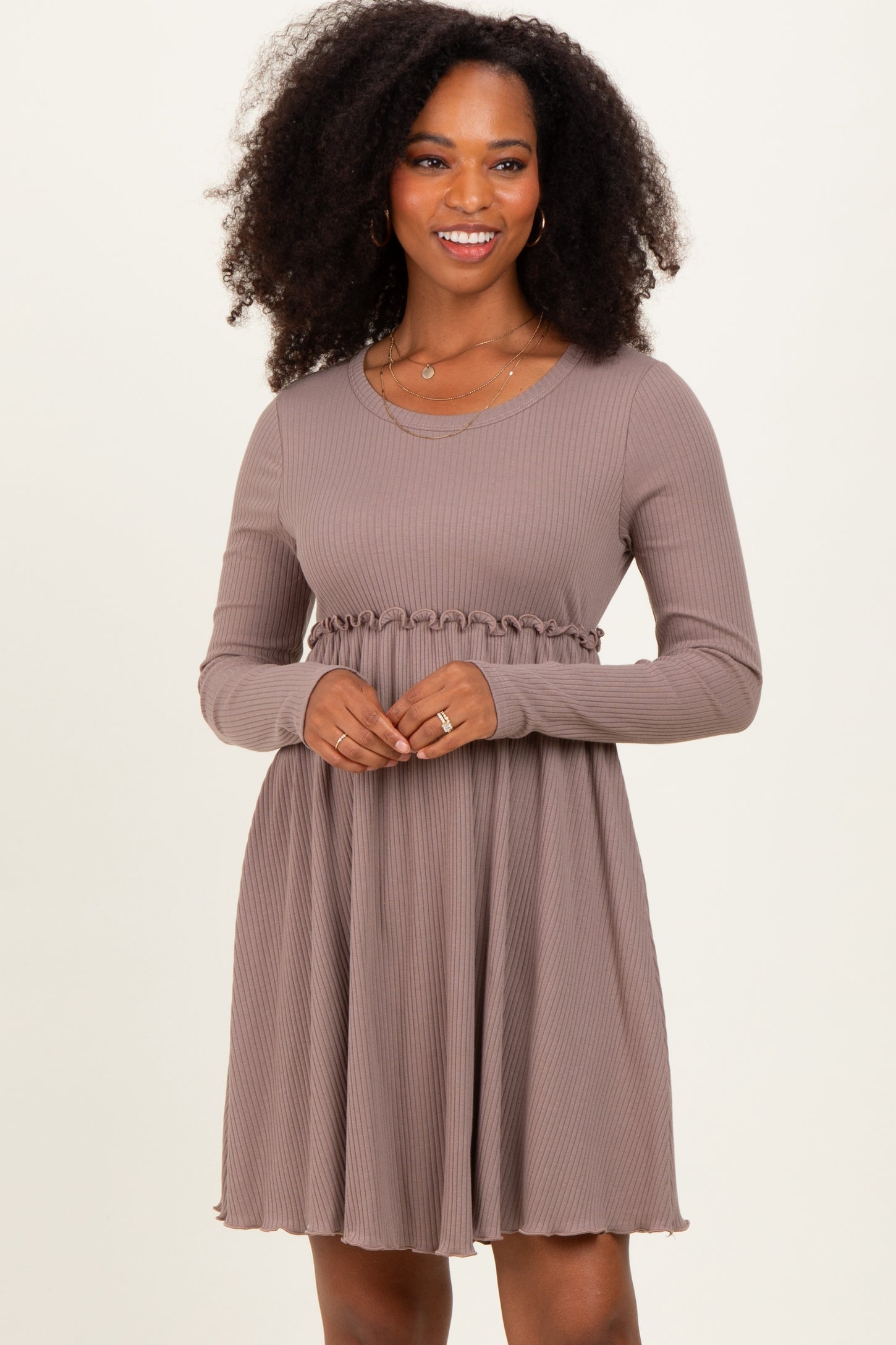 Mocha Solid Ribbed Long Sleeve Crewneck Shirring Mini Dress