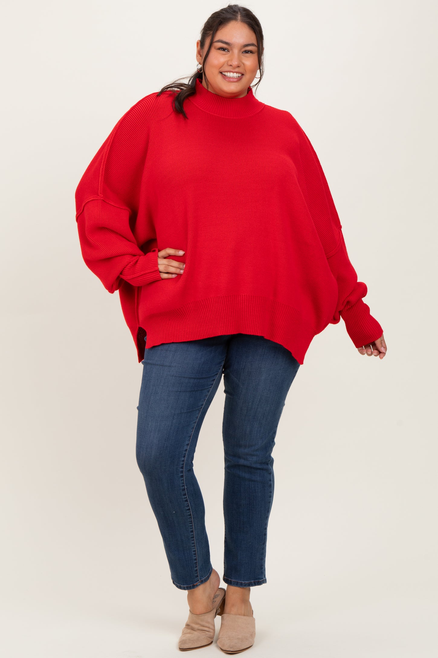 Red Mock Neck Exposed Seam Sweater