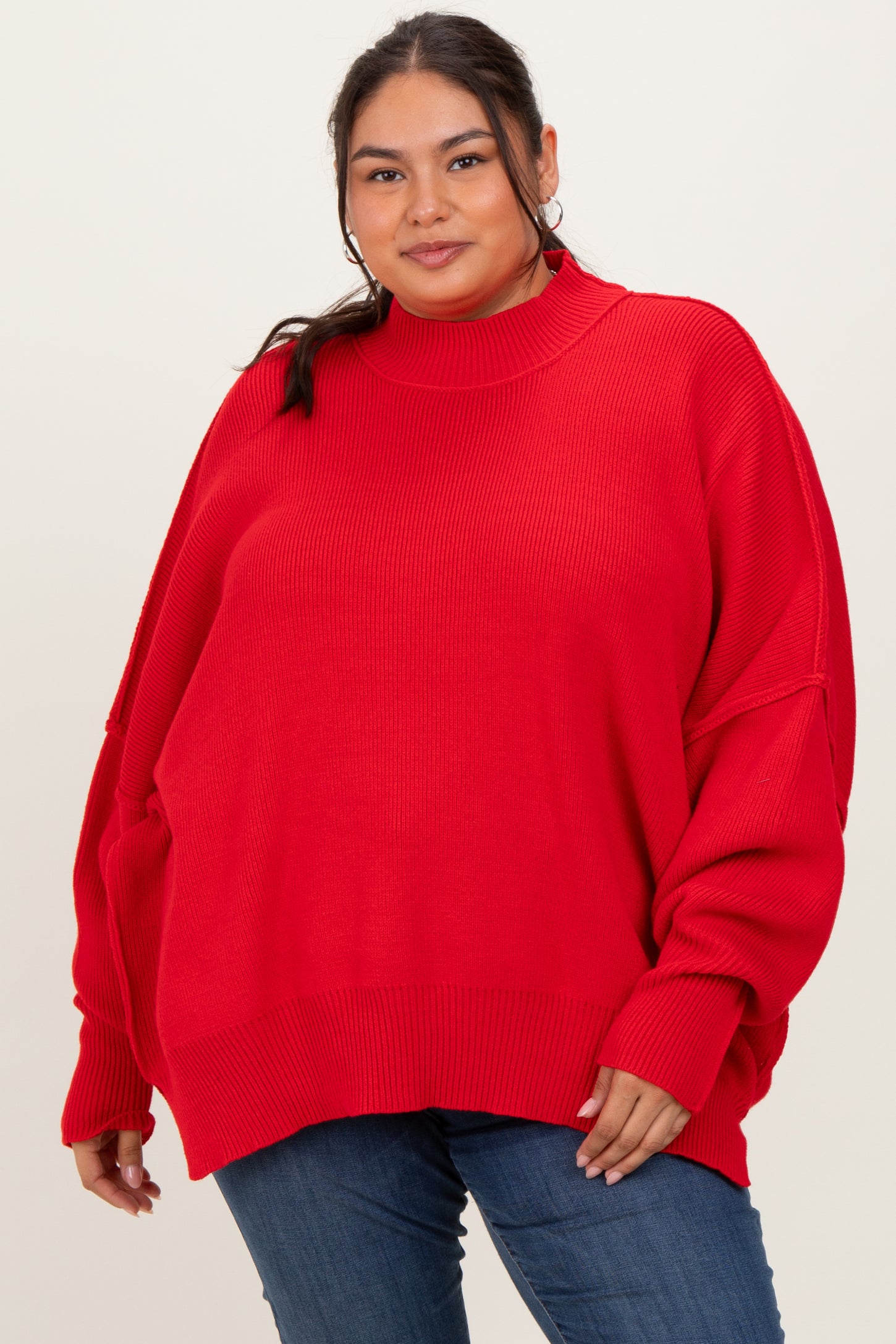 Red Mock Neck Exposed Seam Sweater