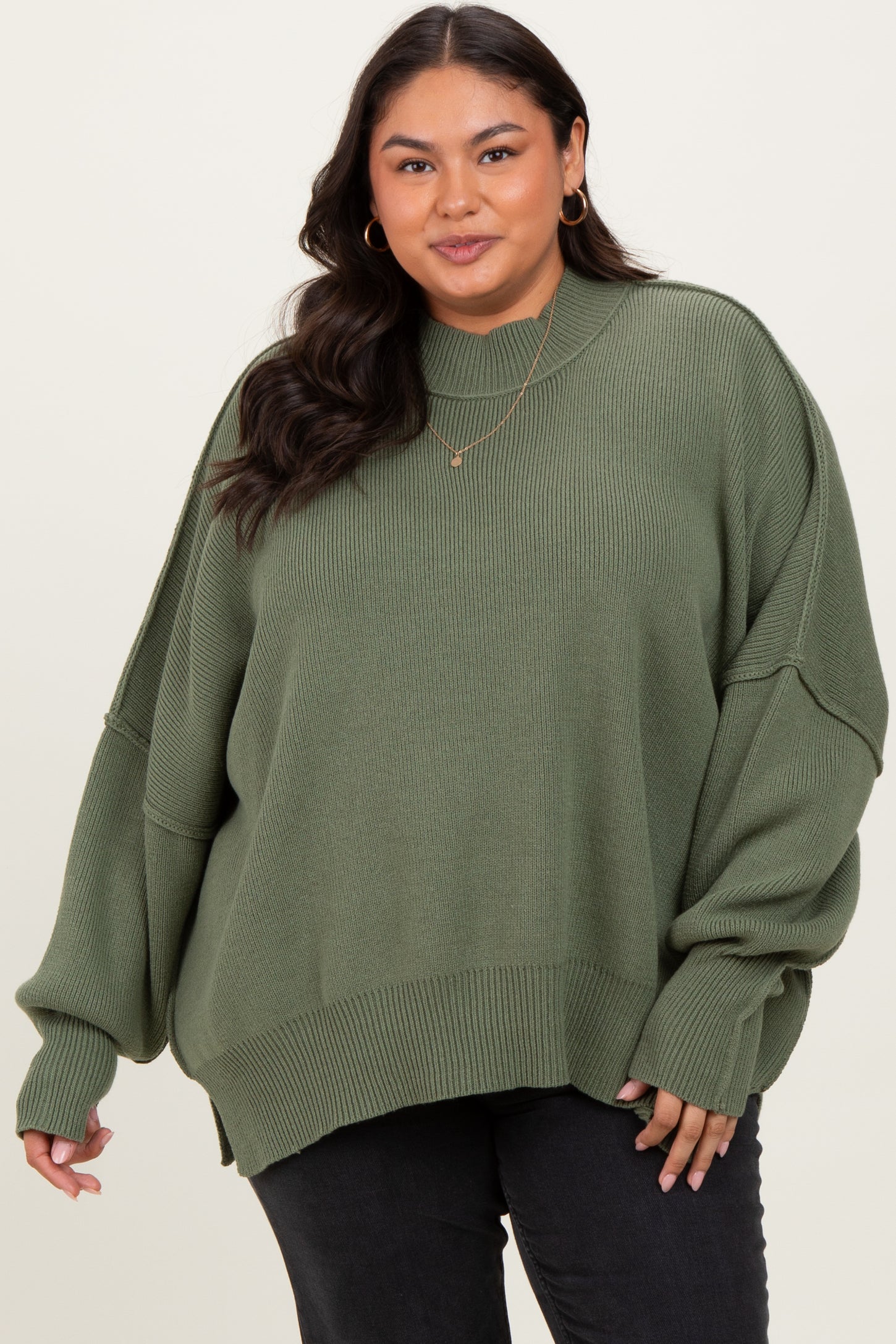 Light Olive Mock Neck Exposed Seam Maternity Sweater