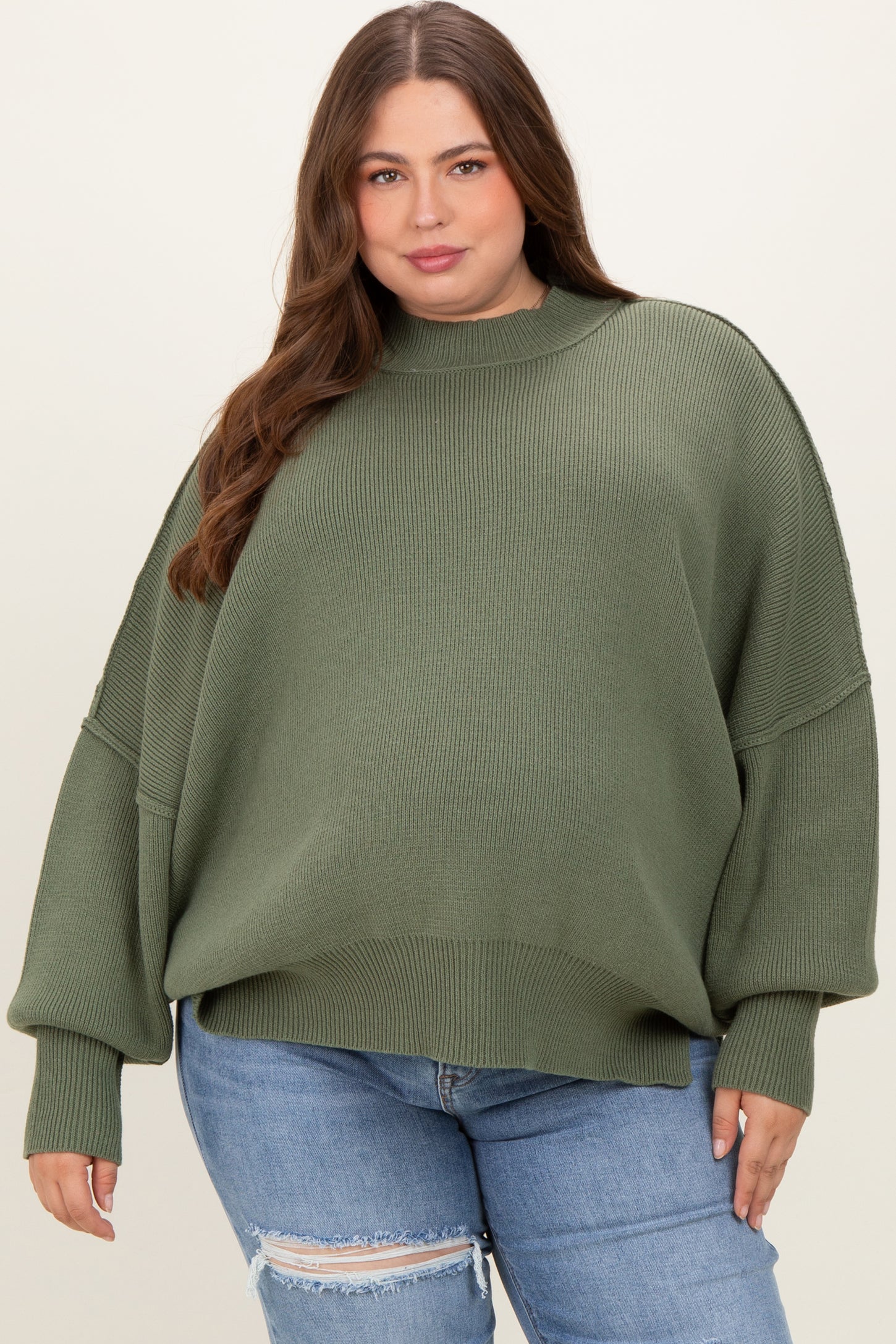 Light Olive Mock Neck Exposed Seam Maternity Sweater