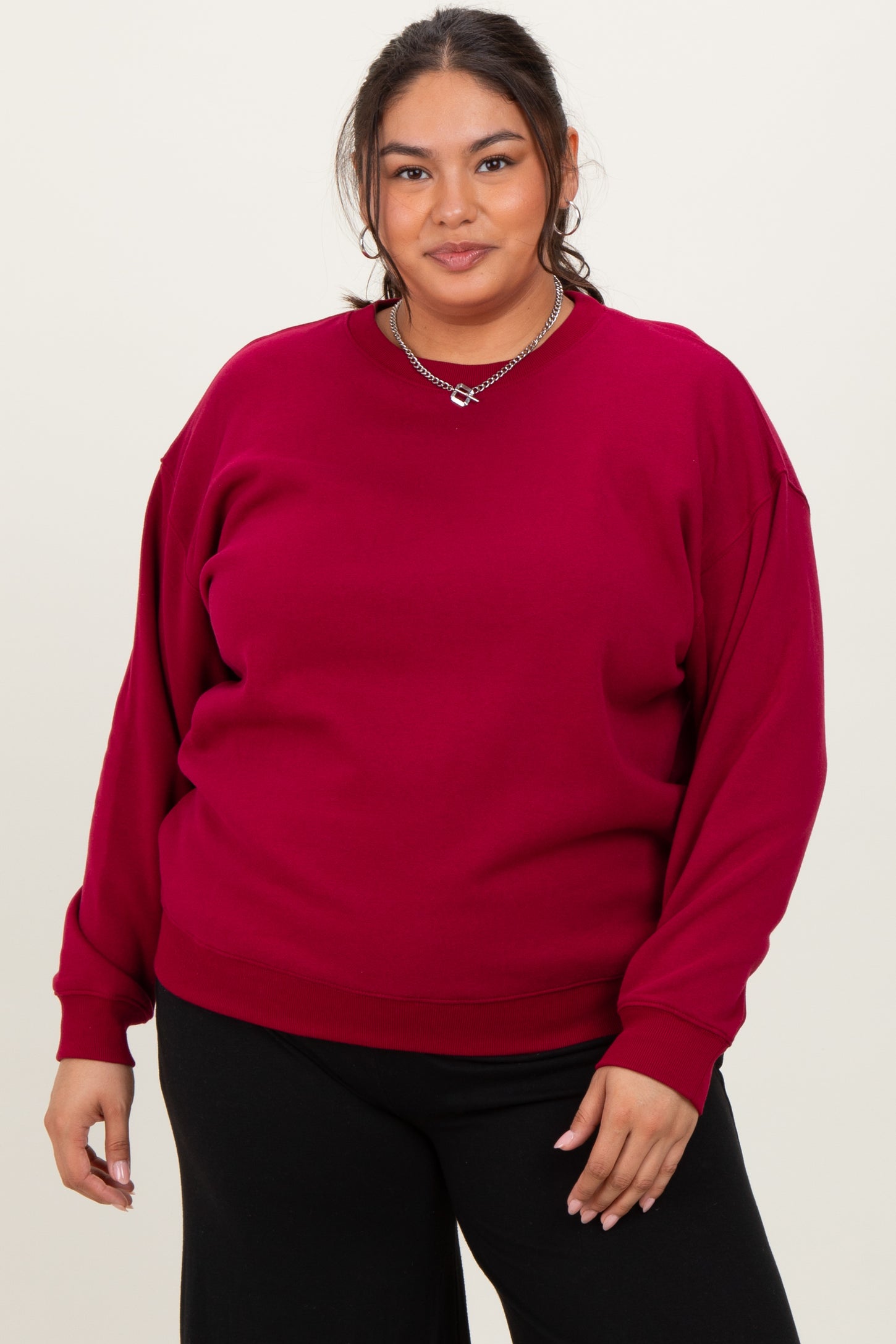 Burgundy Basic Fleece Crewneck Maternity Sweatshirt