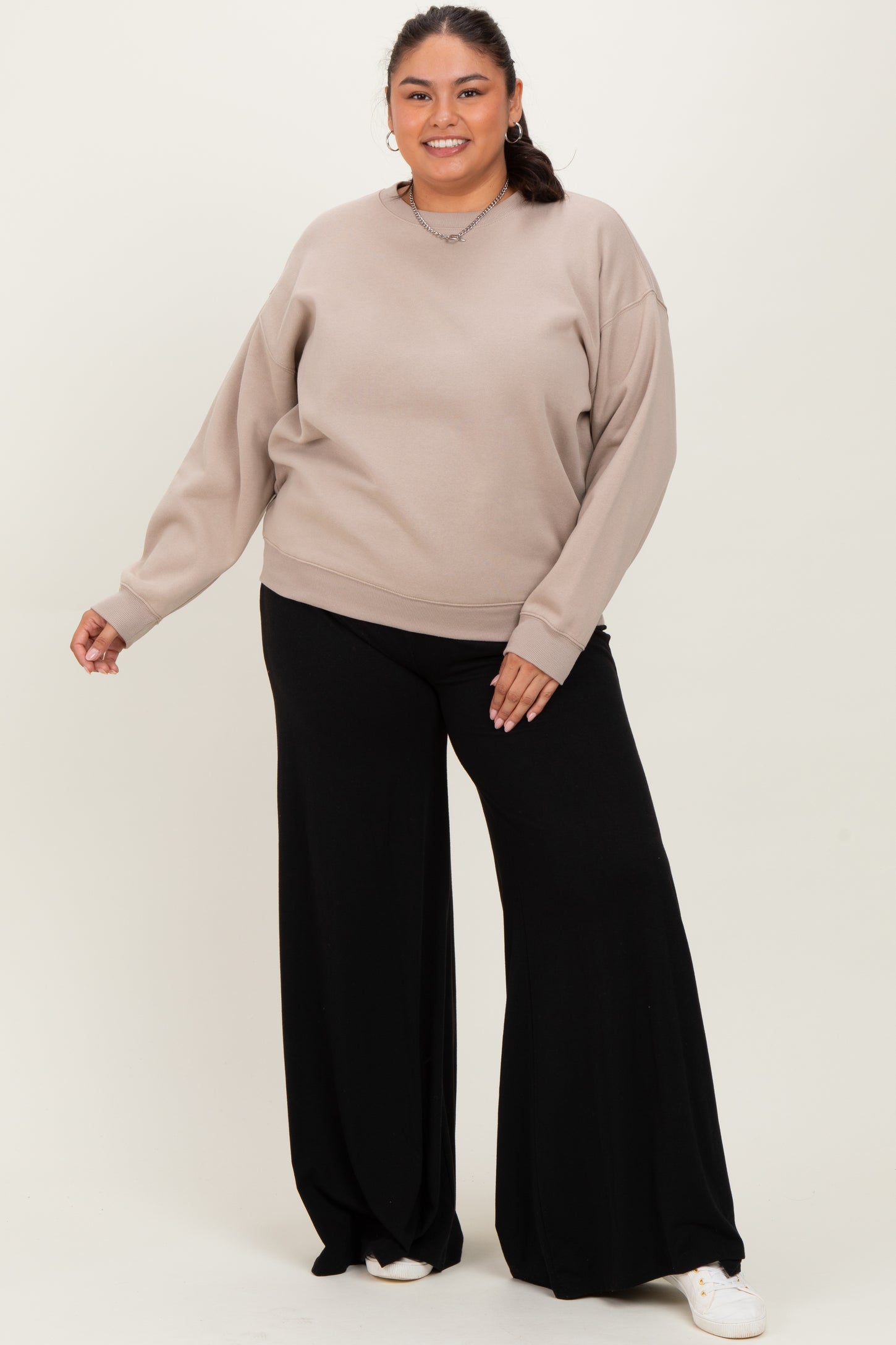 Beige Basic Fleece Crewneck Sweatshirt