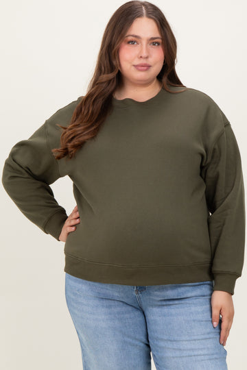 Olive Basic Fleece Crewneck Maternity Sweatshirt