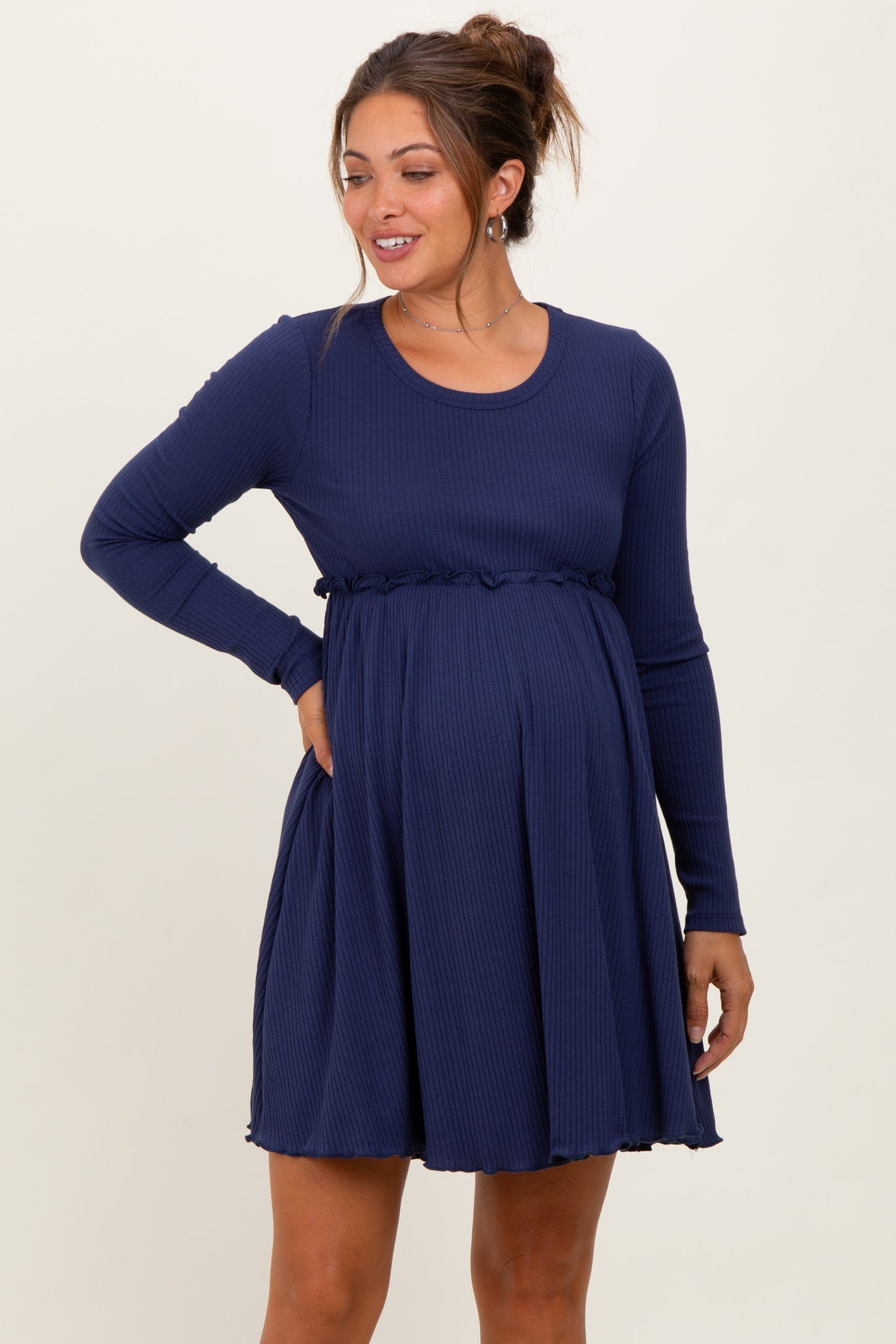 Navy Solid Ribbed Long Sleeve Crewneck Shirring Maternity Mini Dress PinkBlush Navy Solid Ribbed Long Sleeve Crewneck Shirring Maternity Mini Dress PinkBlush