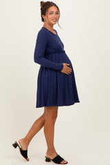 Navy Solid Ribbed Long Sleeve Crewneck Shirring Maternity Mini Dress