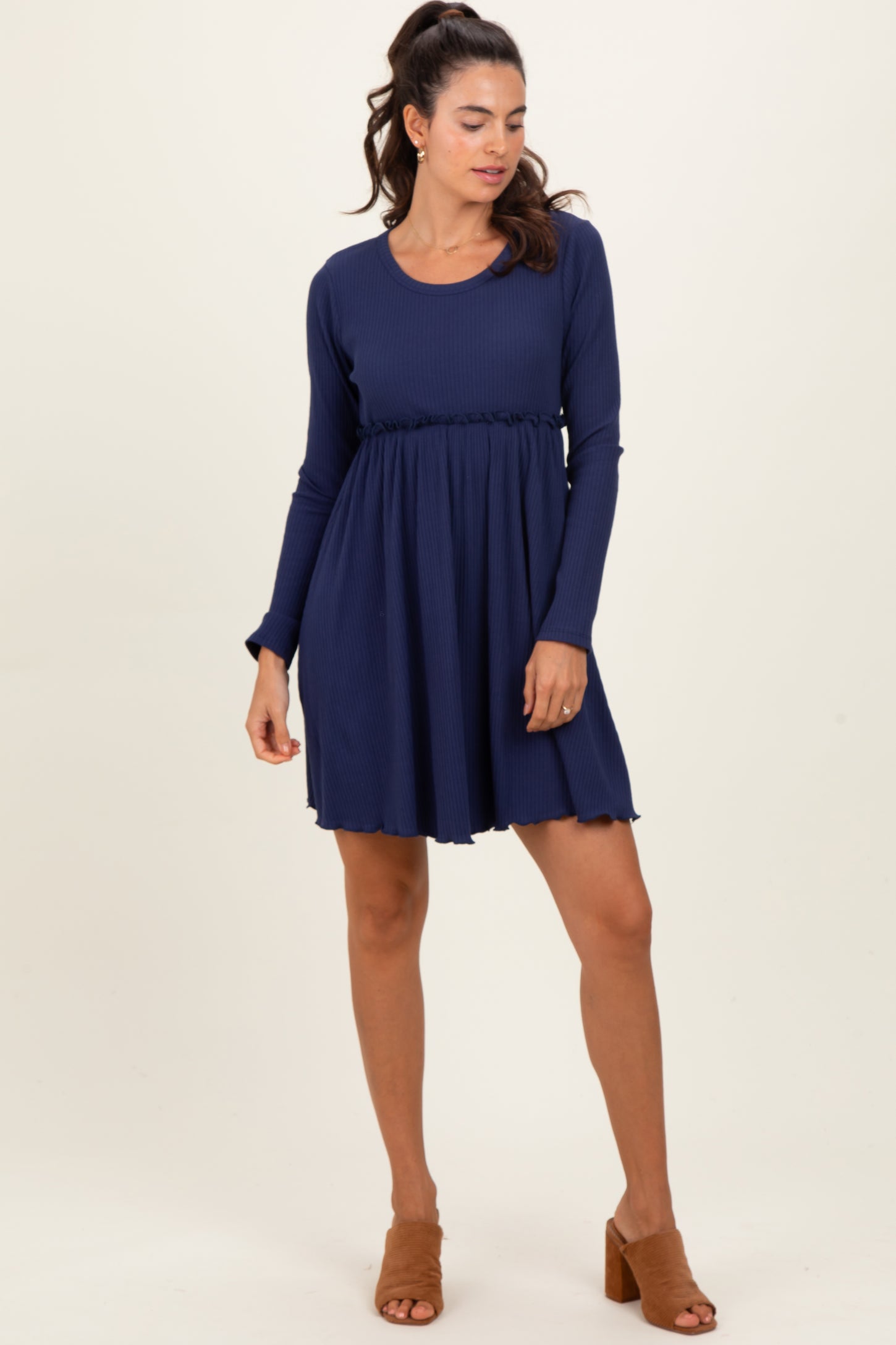 Navy Solid Ribbed Long Sleeve Crewneck Shirring Mini Dress