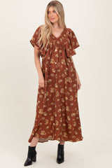 Brown Vintage Floral Woven Short Skleeve V-Neck Button Maxi Dress