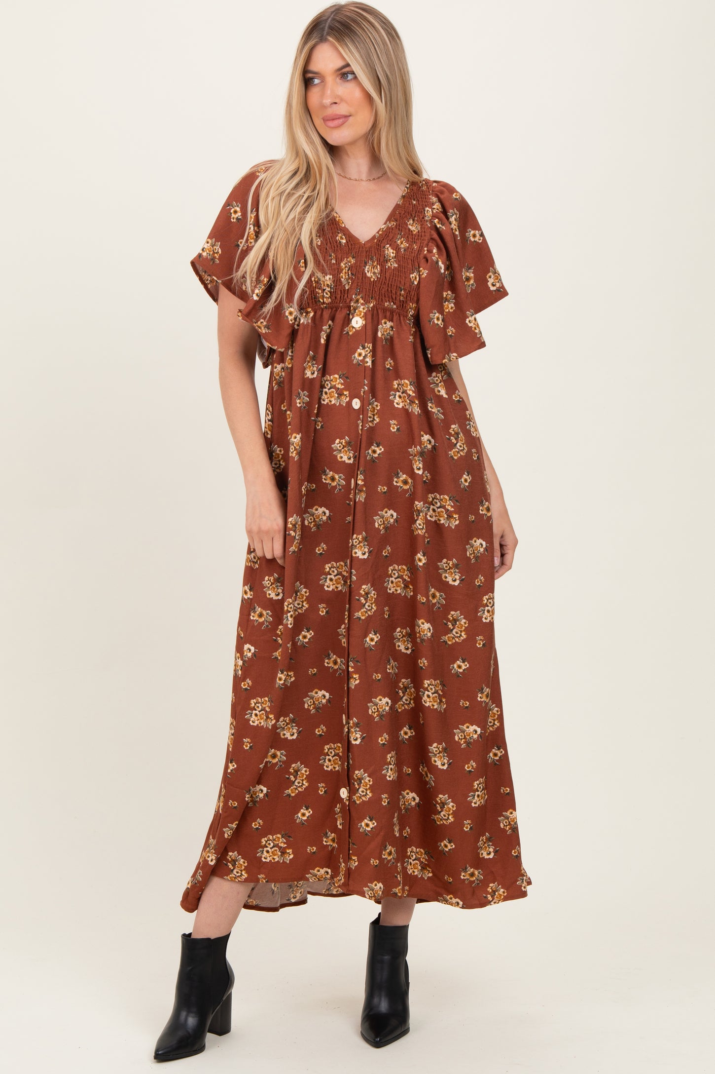 Brown Vintage Floral Woven Short Skleeve V-Neck Button Maternity Maxi Dress