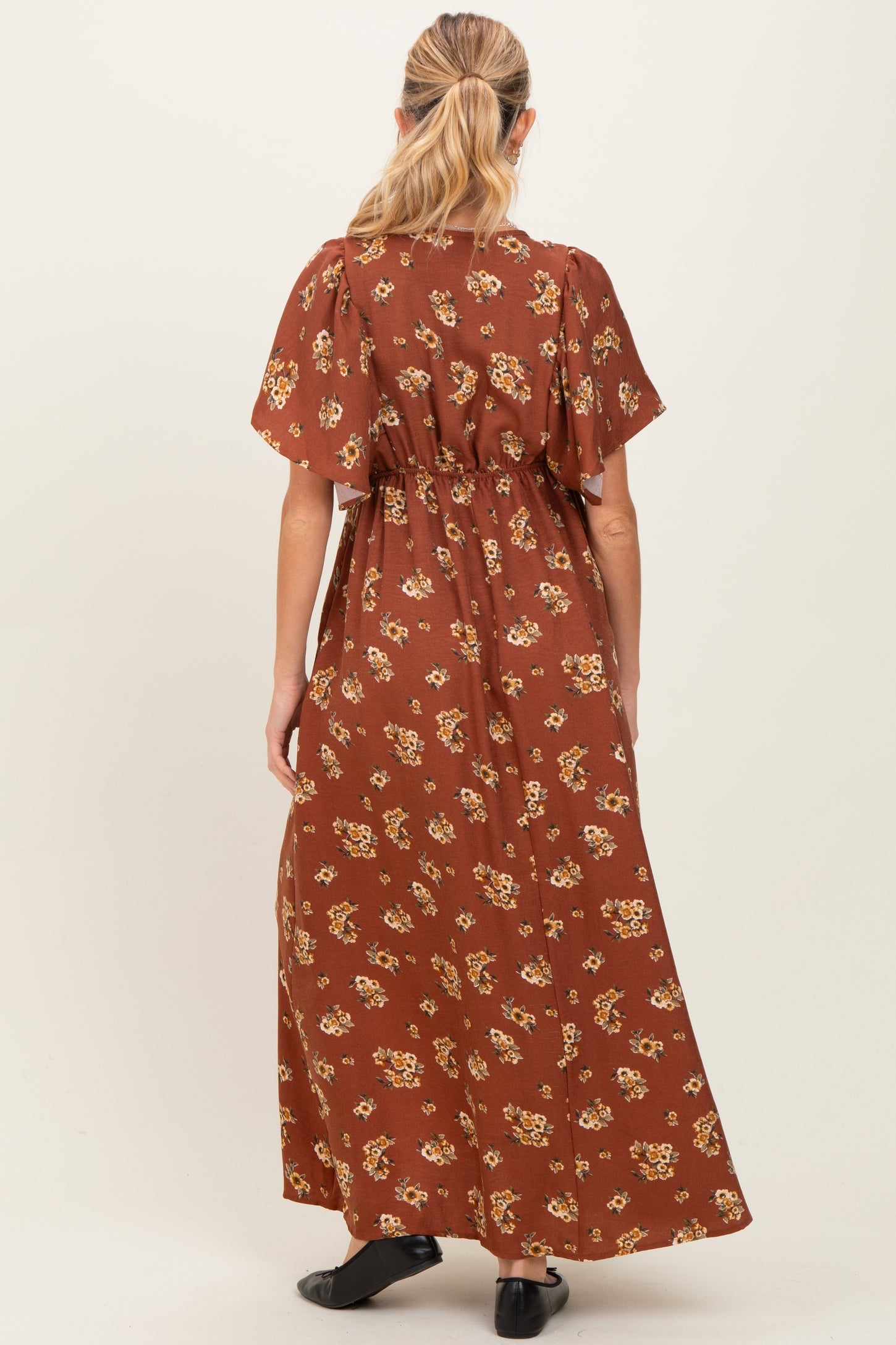 Brown Vintage Floral Woven Short Skleeve V-Neck Button Maternity Maxi Dress