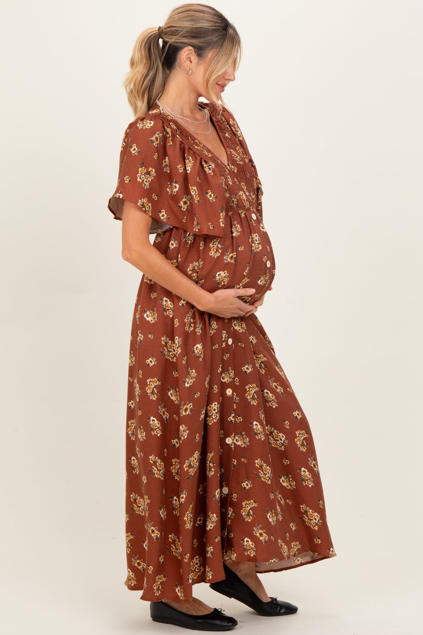 Brown Vintage Floral Woven Short Skleeve V-Neck Button Maternity Maxi Dress