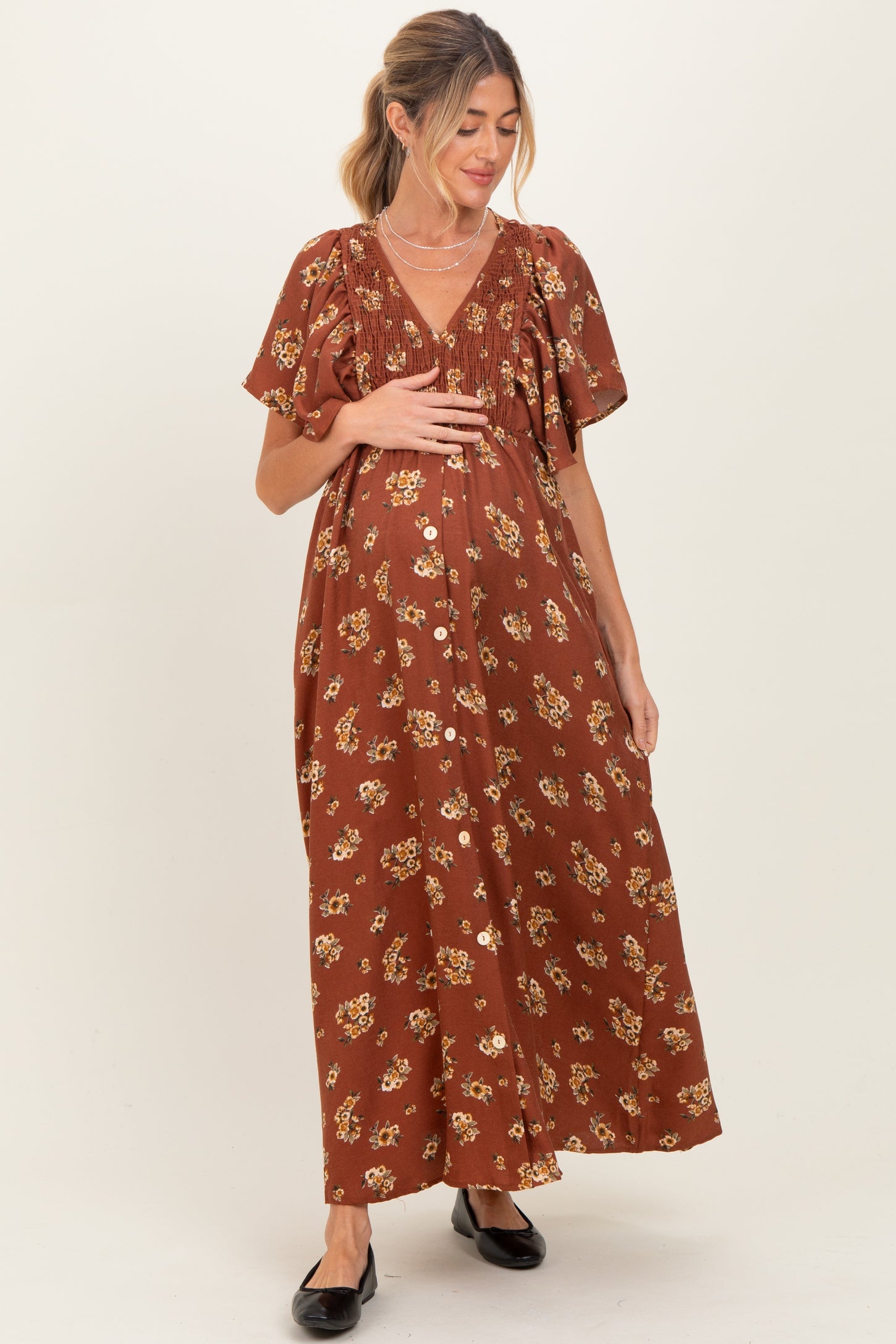 Brown Vintage Floral Woven Short Skleeve V-Neck Button Maternity Maxi Dress
