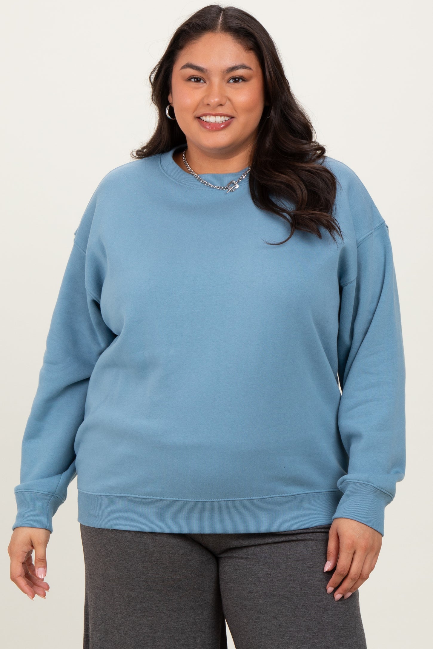 Blue Basic Fleece Crewneck Maternity Sweatshirt