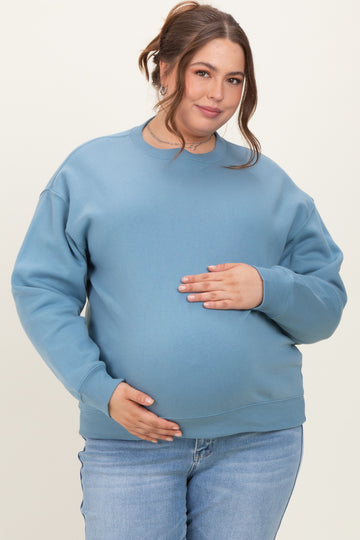 Blue Basic Fleece Crewneck Maternity Sweatshirt