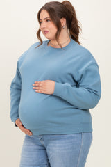 Blue Basic Fleece Crewneck Maternity Sweatshirt