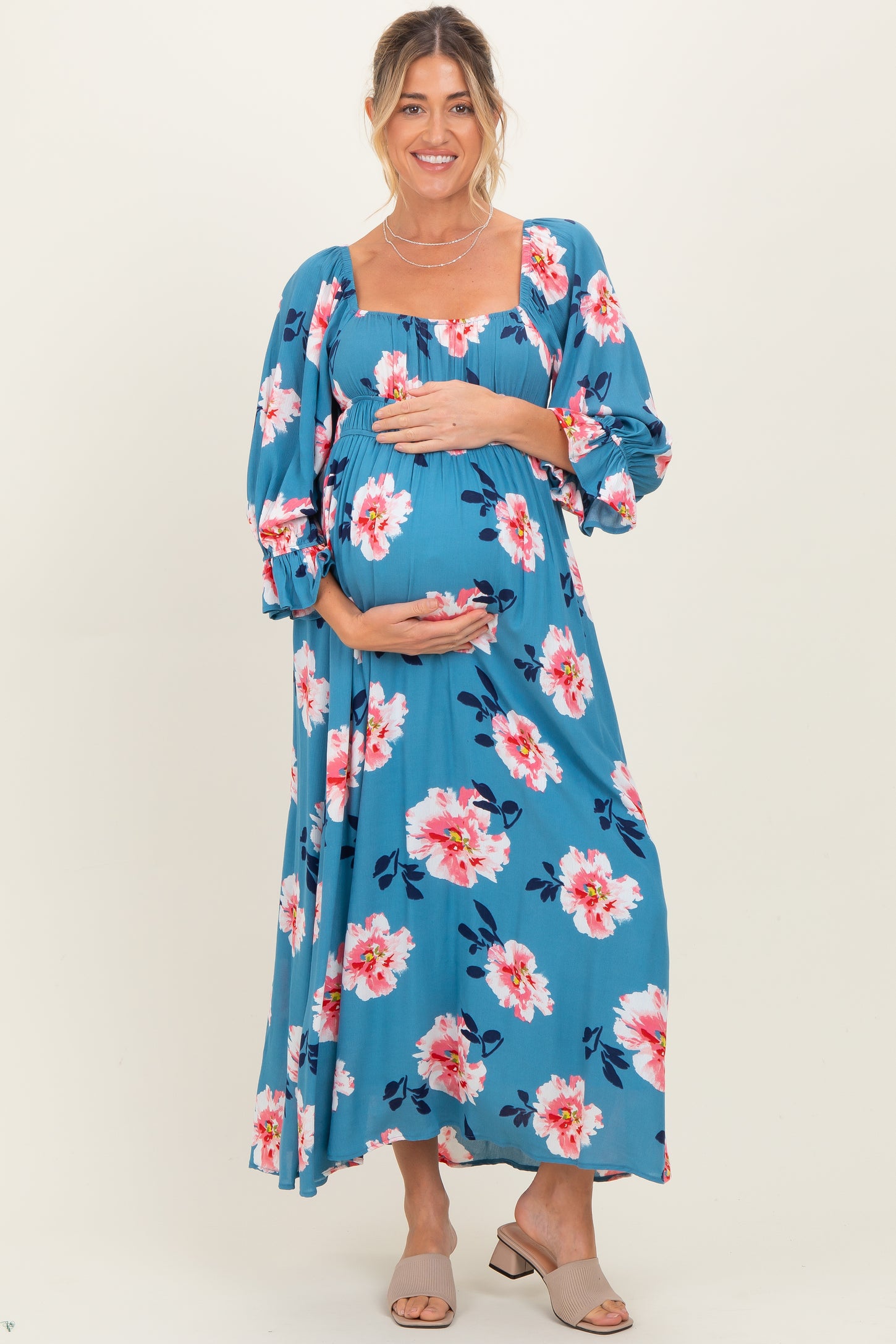 Light Blue Floral Long Sleeve Square Neck Smocked Maternity Maxi Dress