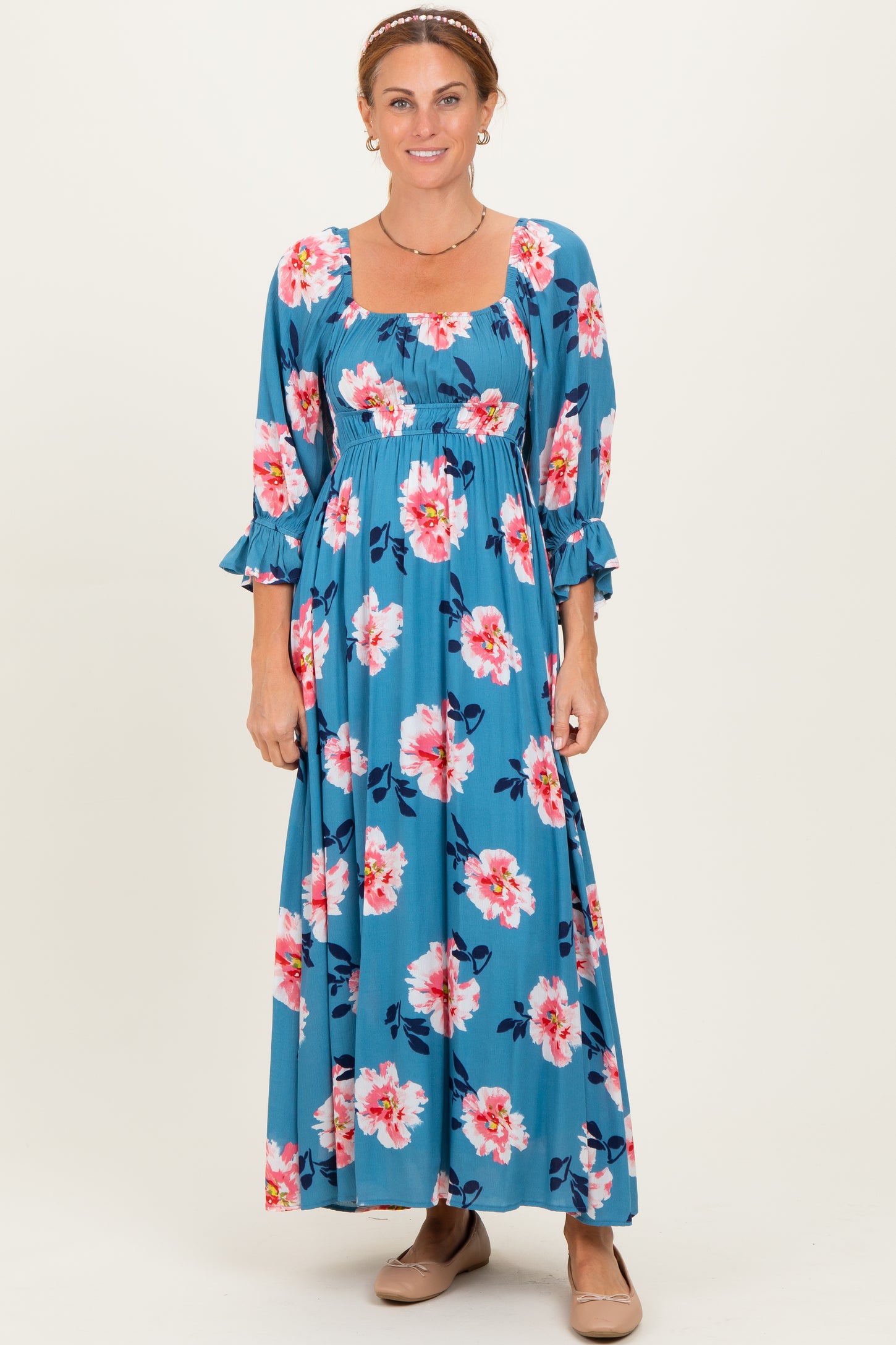 Light Blue Floral Long Sleeve Square Neck Smocked Maternity Maxi Dress
