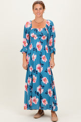 Light Blue Floral Long Sleeve Square Neck Smocked Maxi Dress