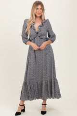 Black Ditzy Floral Long Sleeve Ruffle V-Neck Tiered Maxi Dress