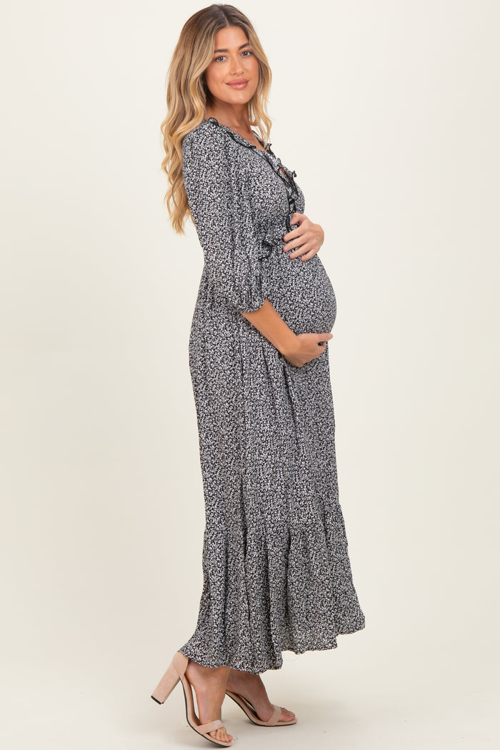 Black Ditzy Floral Long Sleeve Ruffle V-Neck Tiered Maternity Maxi Dress
