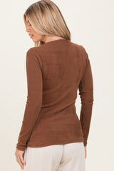 Brown Solid Ribbed Brushed Long Sleeve Button Down Round Neck Top