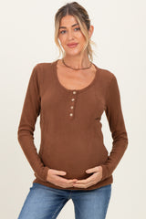 Brown Solid Ribbed Brushed Long Sleeve Button Down Round Neck Maternity Top