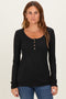 Black Solid Ribbed Brushed Long Sleeve Button Down Round Neck Top