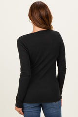Black Solid Ribbed Brushed Long Sleeve Button Down Round Neck Top