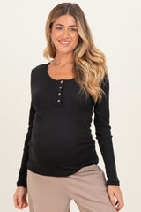 Black Solid Ribbed Brushed Long Sleeve Button Down Round Neck Maternity Top