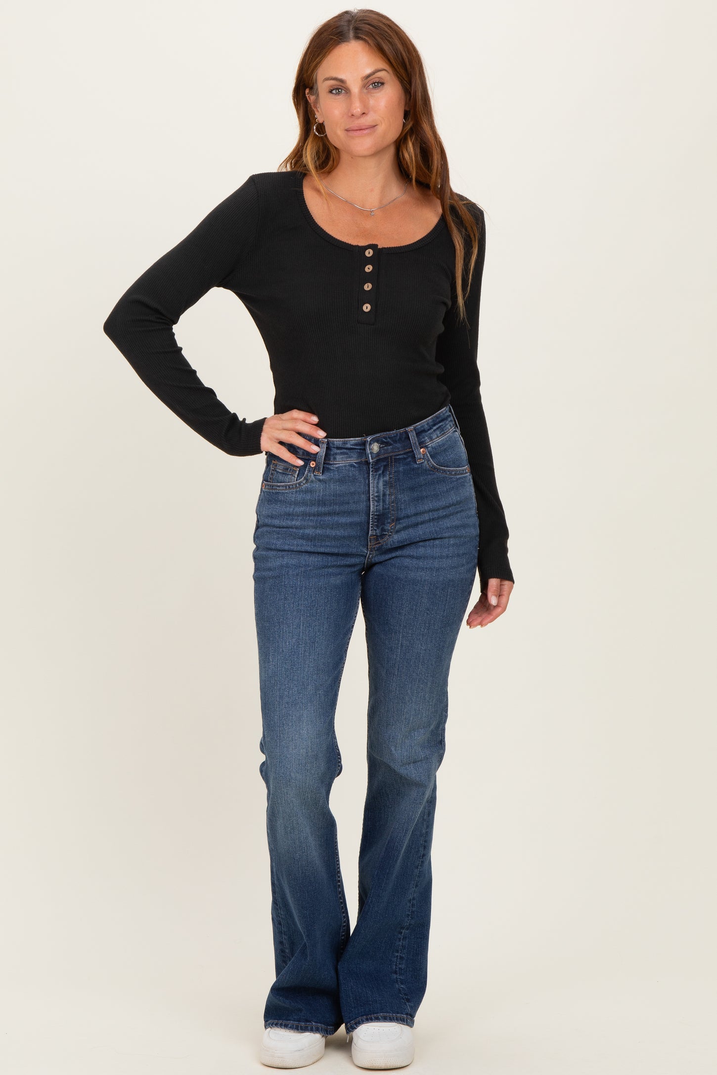 Black Solid Ribbed Brushed Long Sleeve Button Down Round Neck Top