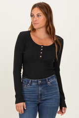 Black Solid Ribbed Brushed Long Sleeve Button Down Round Neck Top