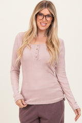 Beige Solid Ribbed Brushed Long Sleeve Button Down Round Neck Top