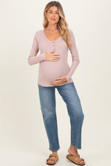 Beige Solid Ribbed Brushed Long Sleeve Button Down Round Neck Maternity Top
