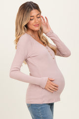 Beige Solid Ribbed Brushed Long Sleeve Button Down Round Neck Maternity Top
