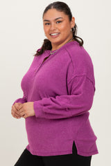 Plum Oversized Ribbed Knit Henley Plus Sweater