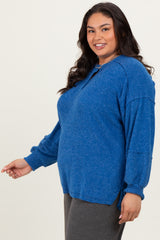 Light Navy Oversized Ribbed Knit Henley Plus Sweater