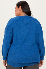 Light Navy Oversized Ribbed Knit Henley Plus Sweater