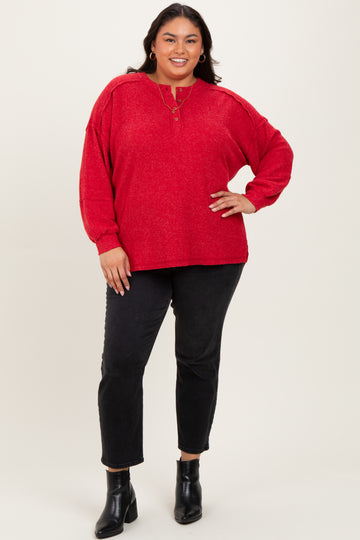Red Oversized Ribbed Knit Henley Plus Sweater