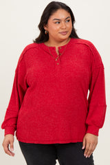 Red Oversized Ribbed Knit Henley Plus Sweater