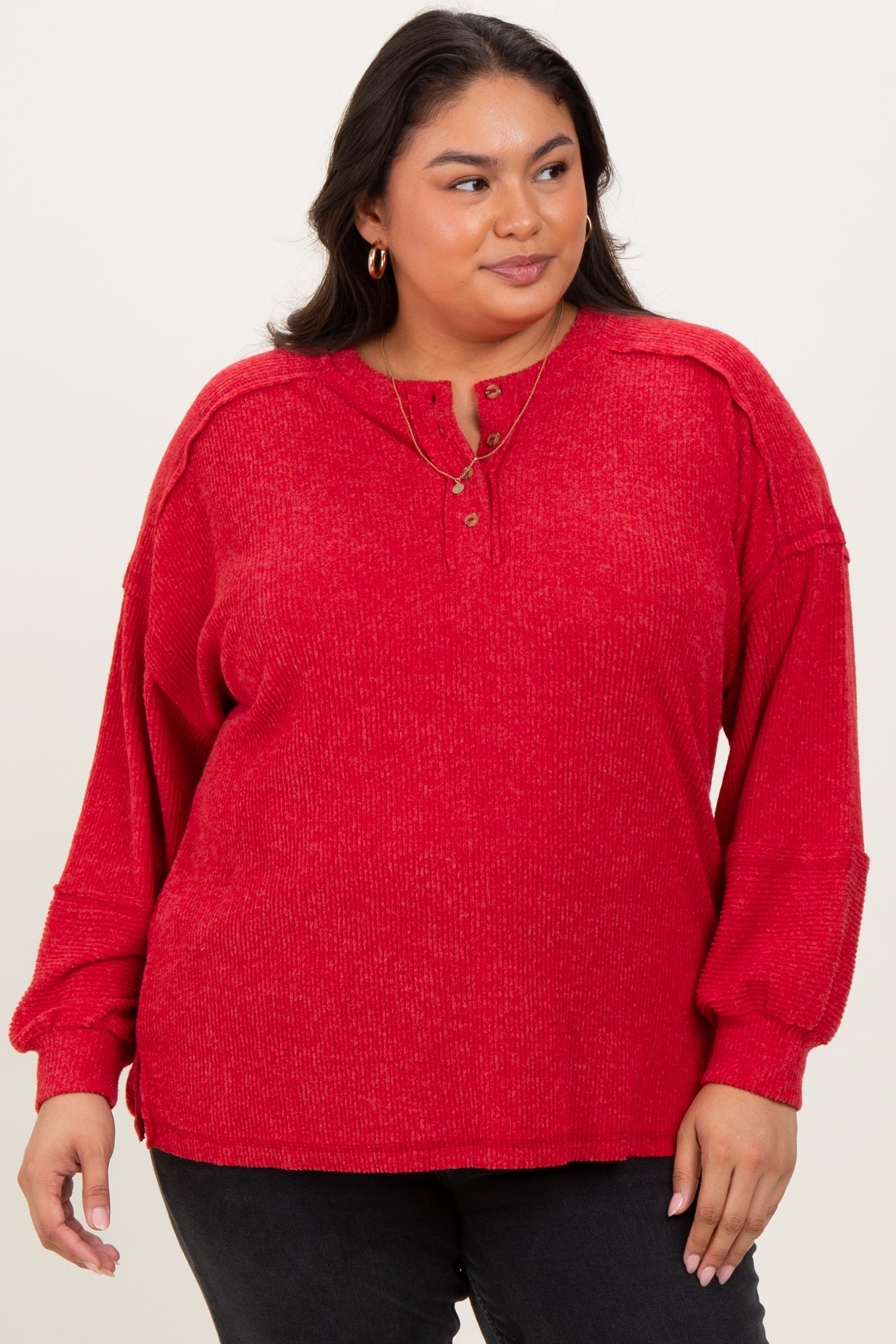 Red Oversized Ribbed Knit Henley Maternity Plus Sweater