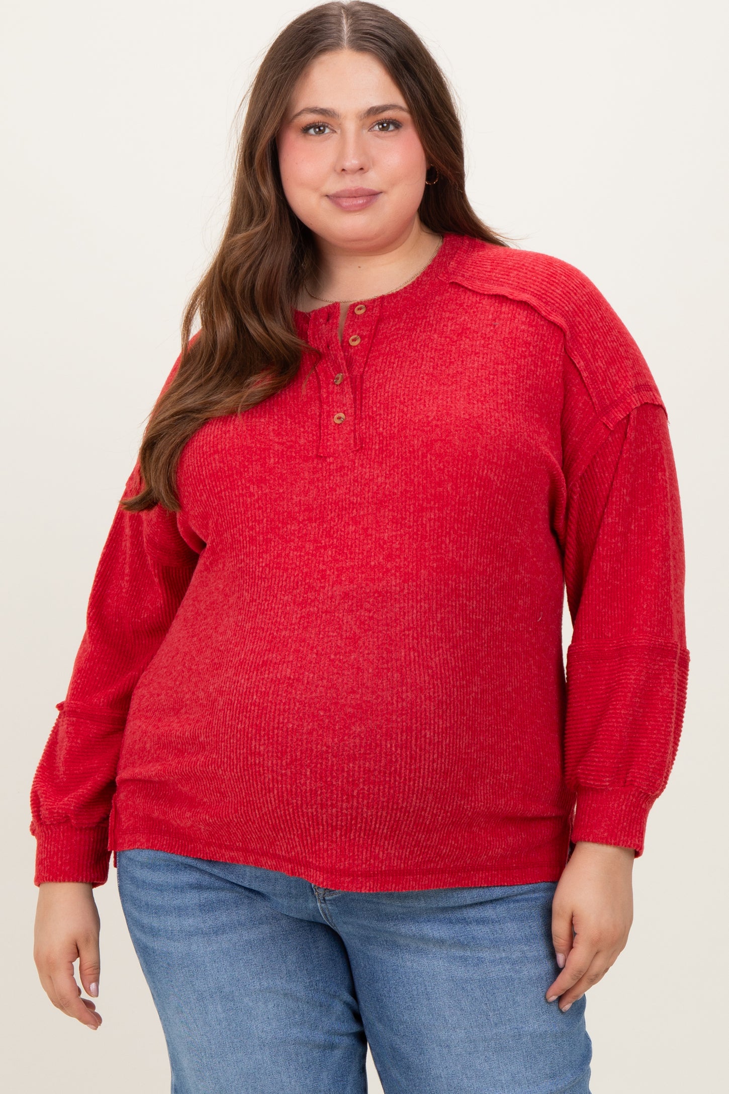 Red Oversized Ribbed Knit Henley Maternity Plus Sweater