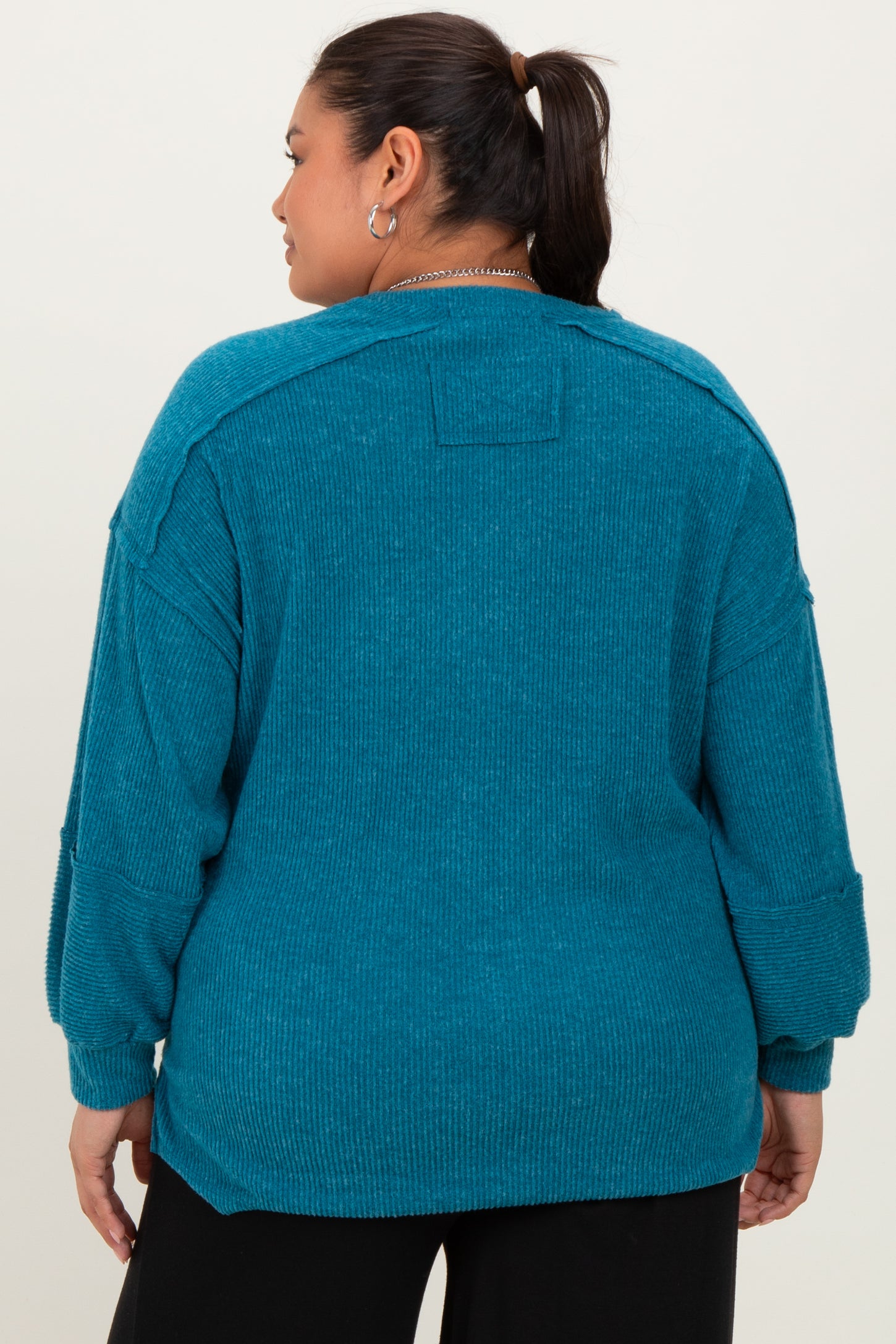 Teal Oversized Ribbed Knit Henley Plus Sweater