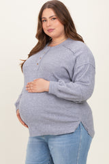 Heather Grey Oversized Ribbed Knit Henley Maternity Plus Sweater