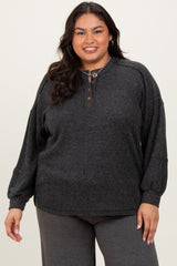 Charcoal Oversized Ribbed Knit Henley Plus Sweater