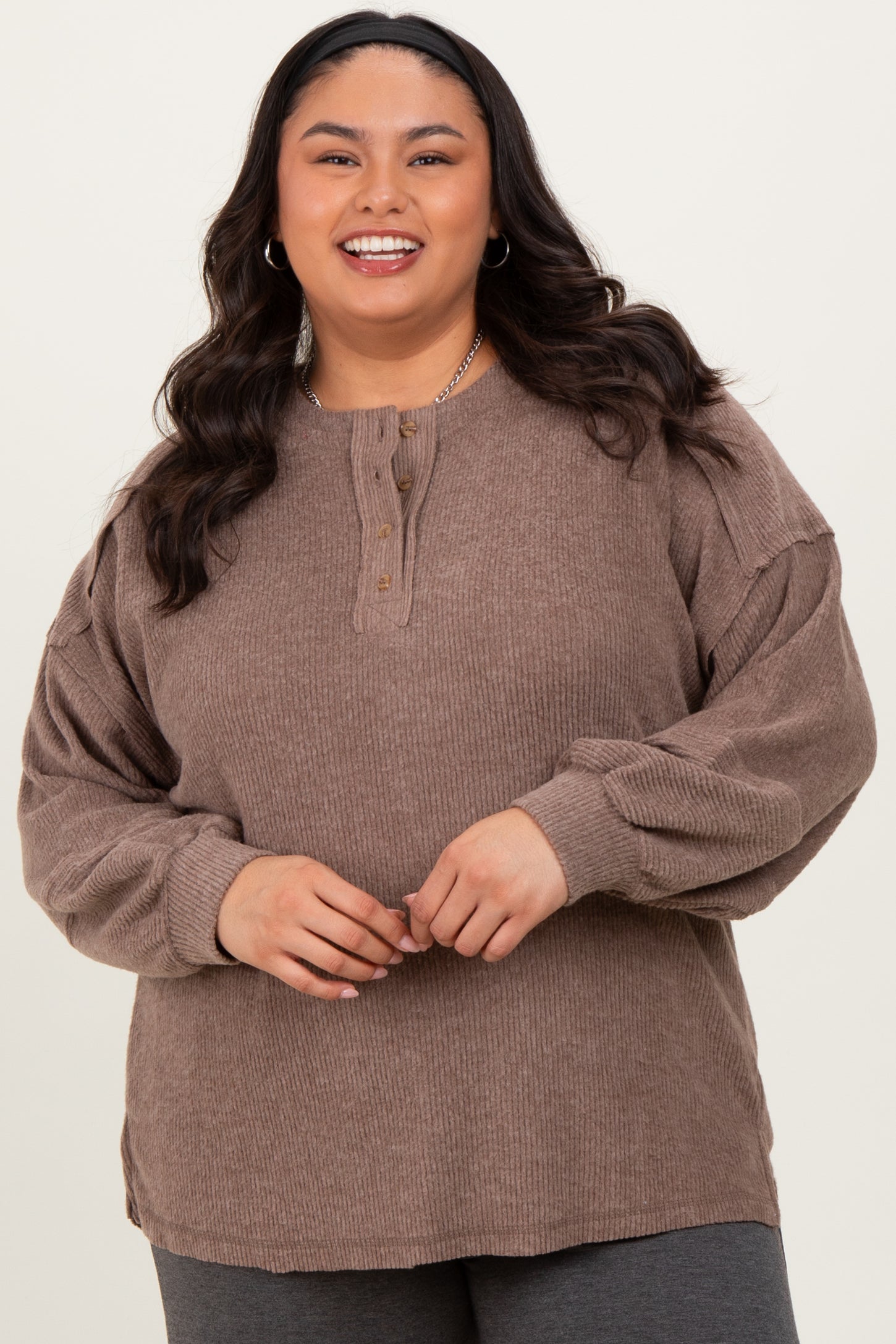 Mocha Oversized Ribbed Knit Henley Plus Sweater
