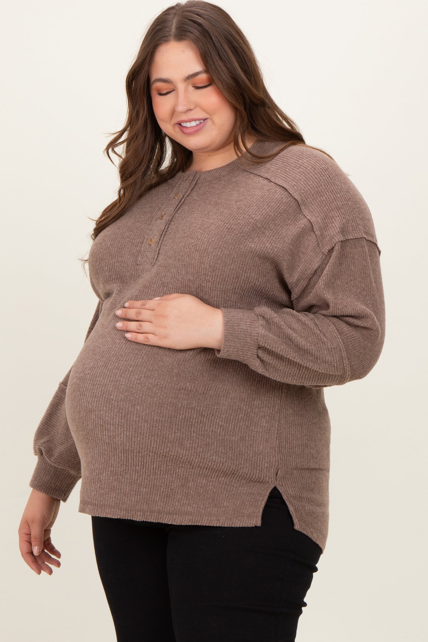Mocha Oversized Ribbed Knit Henley Maternity Plus Sweater